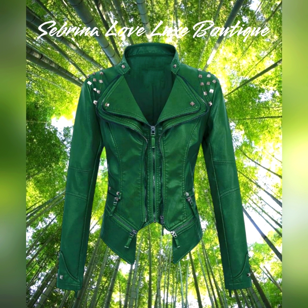 Edgy Cool Green Faux Leather Studded Moto Biker Jacket